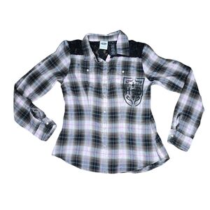 Harley davidson plaid lace accent button up blouse size medium black white snap